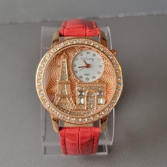 GoGoey Paris Eiffel Tower Watch Crystal Accents Red Strap Quartz 38mm Women’s - Picture 1 of 14